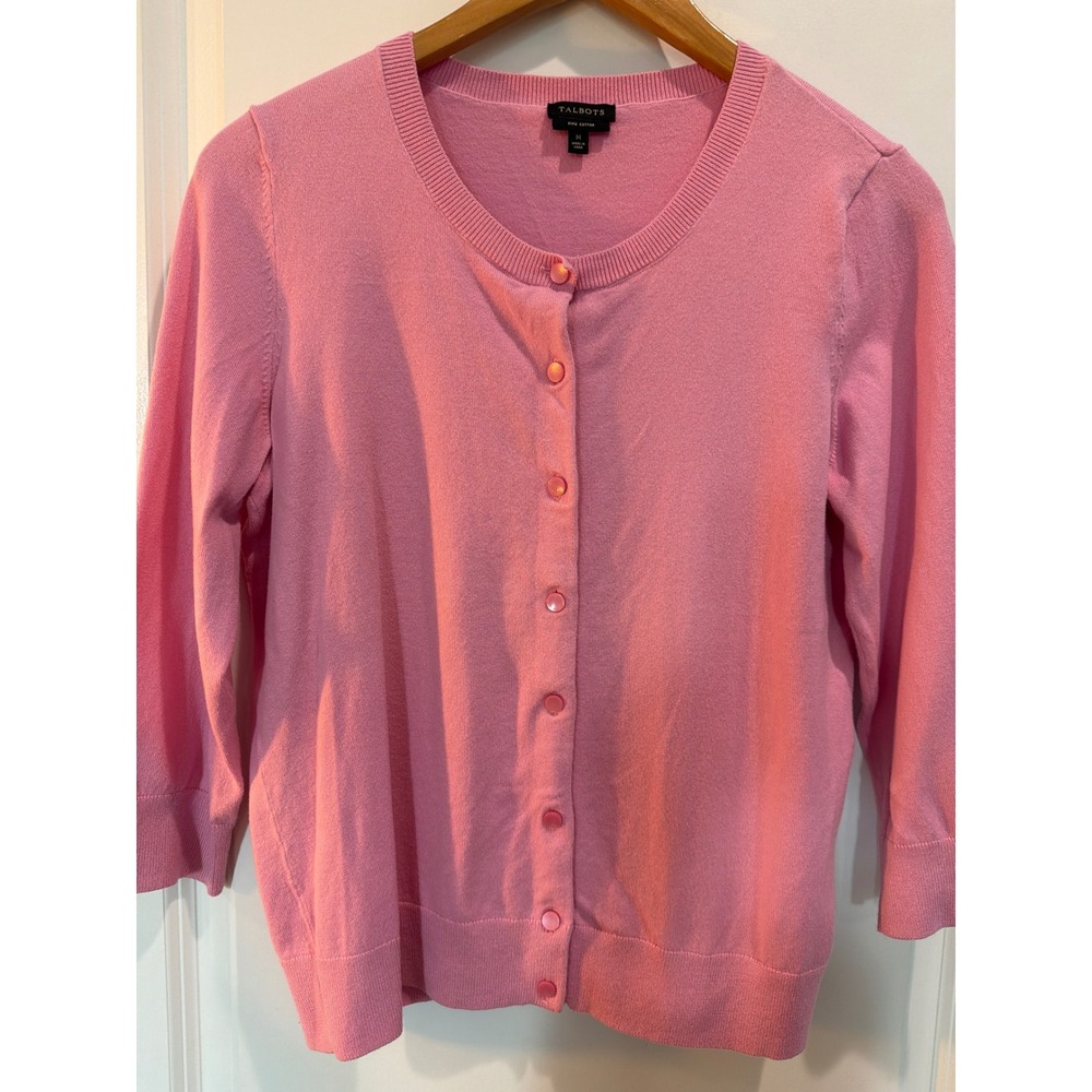 Talbots Pink Pima Cotton Blend Button Front Cardigan Sweater 3/4 Sleeve Medium